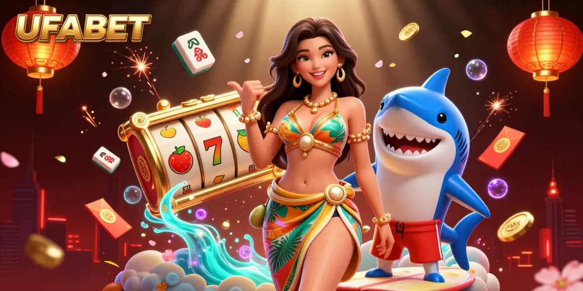 Experience UFABET excitement with a glamorous beach goddess and cartoon shark amidst vibrant casino elements.
