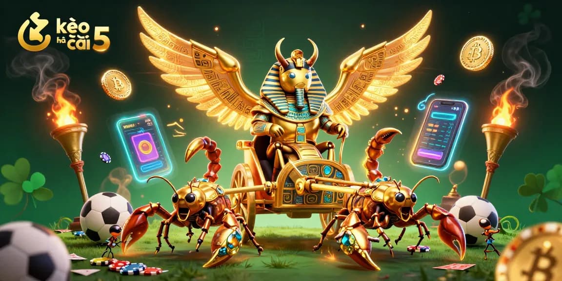Experience kèo nhà cái 5 with a stunning 3D illustration of a golden scarab beetle chariot surrounded by sports and crypto elements.