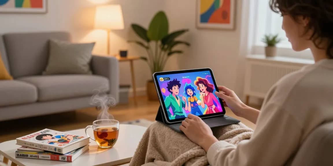 A cozy living room scene with a user engaged in ecchi ai chat on a tablet, surrounded by manga and a warm atmosphere.
