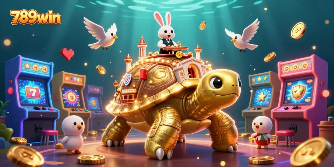 Engage with 789win's vibrant gambling world illustrated by a golden tortoise casino scene.