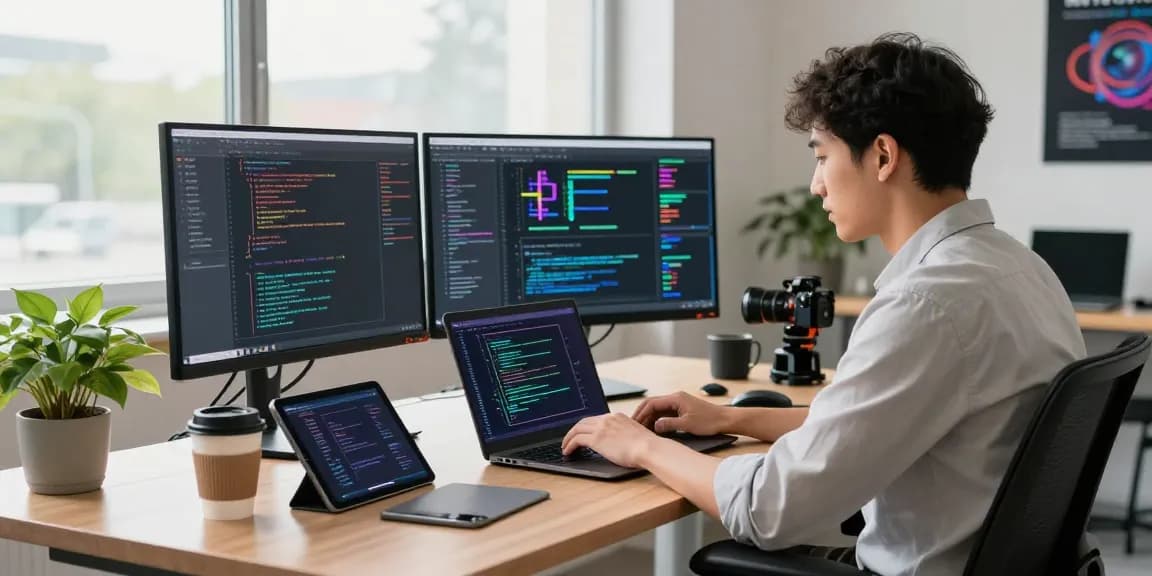 Generative AI workspace with developer coding on laptop surrounded by monitors and interactive displays.