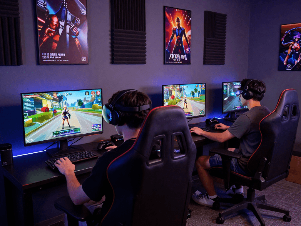 Two players enjoying an interactive 3D porn game in a vibrant gaming lounge.