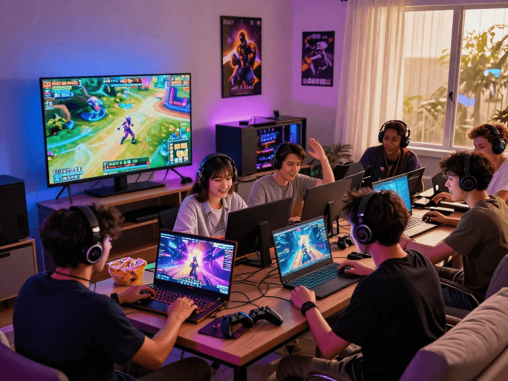 Friends enjoying a thrilling porngame experience together in a vibrant gaming setup.