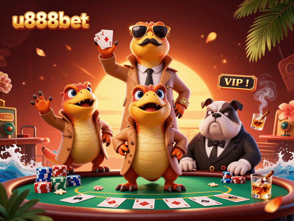 Engage in thrilling poker action at u888bet with unique characters in a vibrant casino scene.