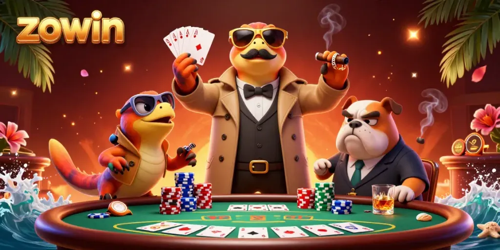 Engaging cartoon scene with zowin brand, raptors in disguise at a casino, vibrant poker elements.