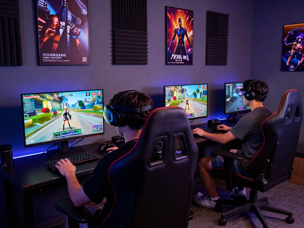 Two players enjoying an interactive 3D porn game in a vibrant gaming lounge.