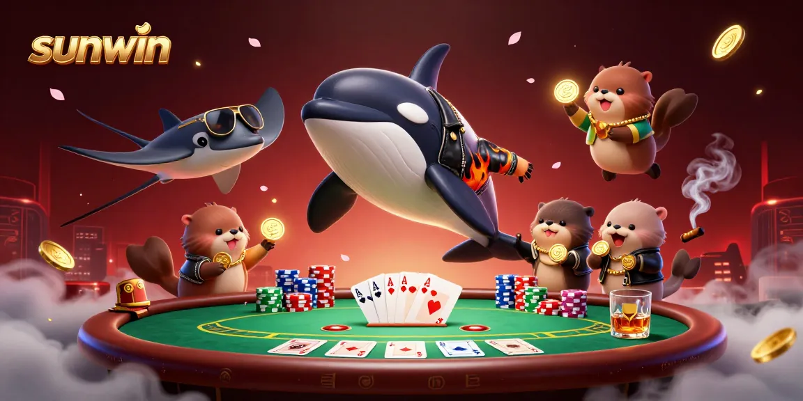 Experience thrilling gameplay on Sunwin as sea otters celebrate winnings amid poker chips and cards.