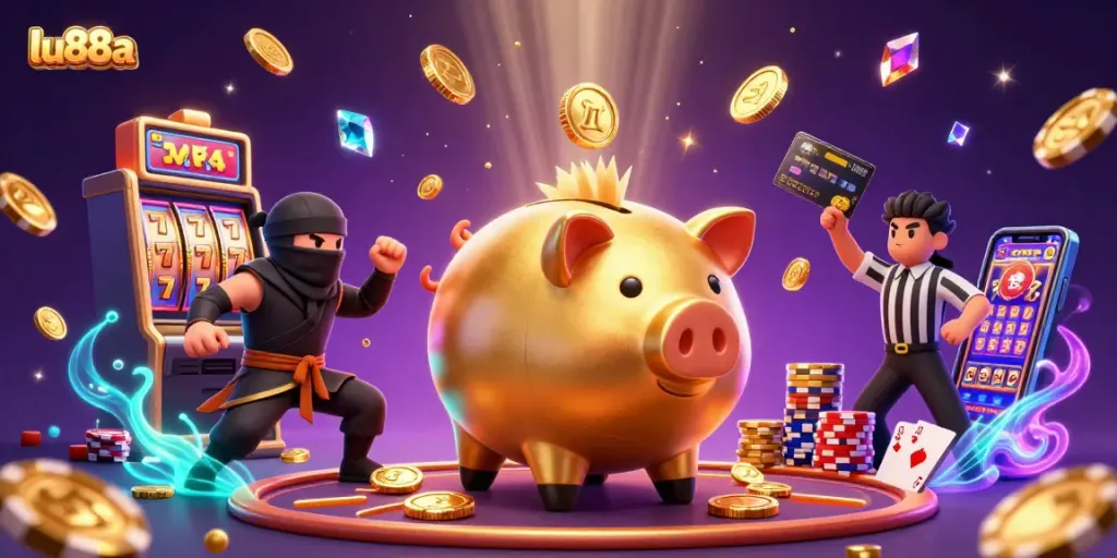 Experience thrilling gameplay with lu88a featuring 3D characters in a vibrant casino scene brimming with excitement.