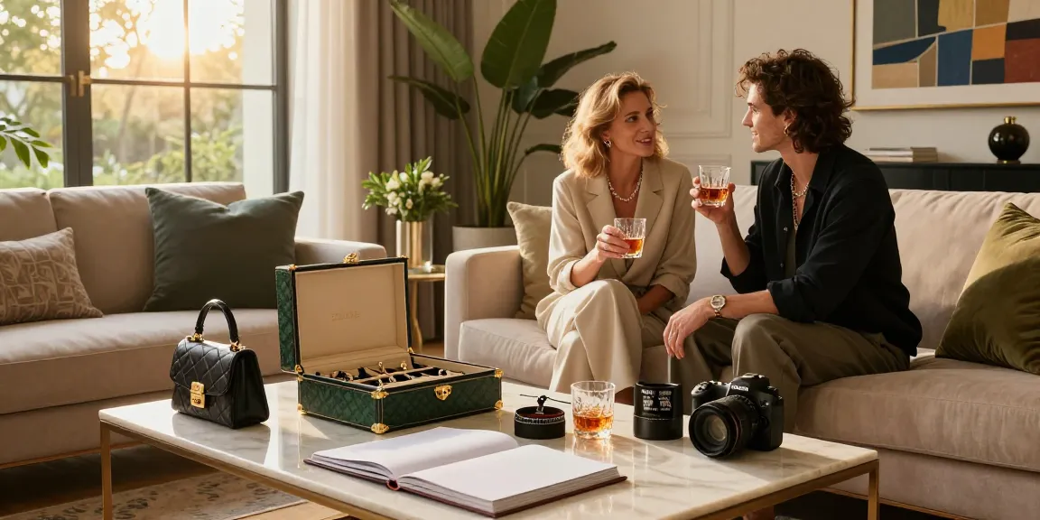 Elegant living room scene showcasing luxury lifestyle digital magazine elements with stylish couple, jewelry, and designer bags.