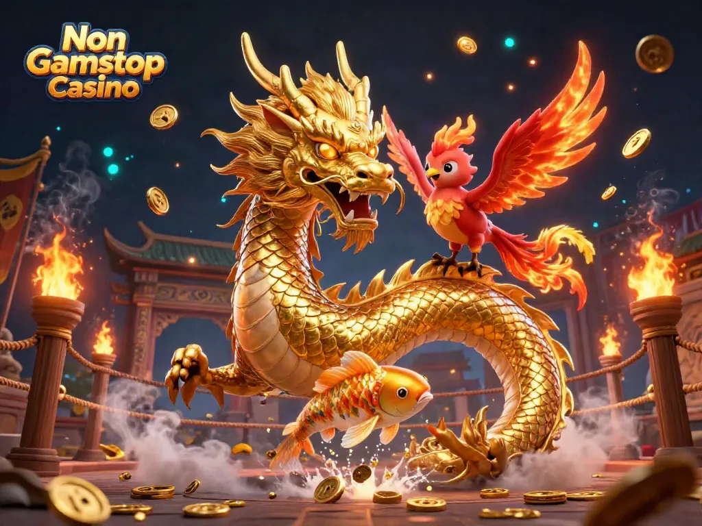 Engage with the vibrant Non Gamstop Casino entertainment featuring magical dragon and phoenix.