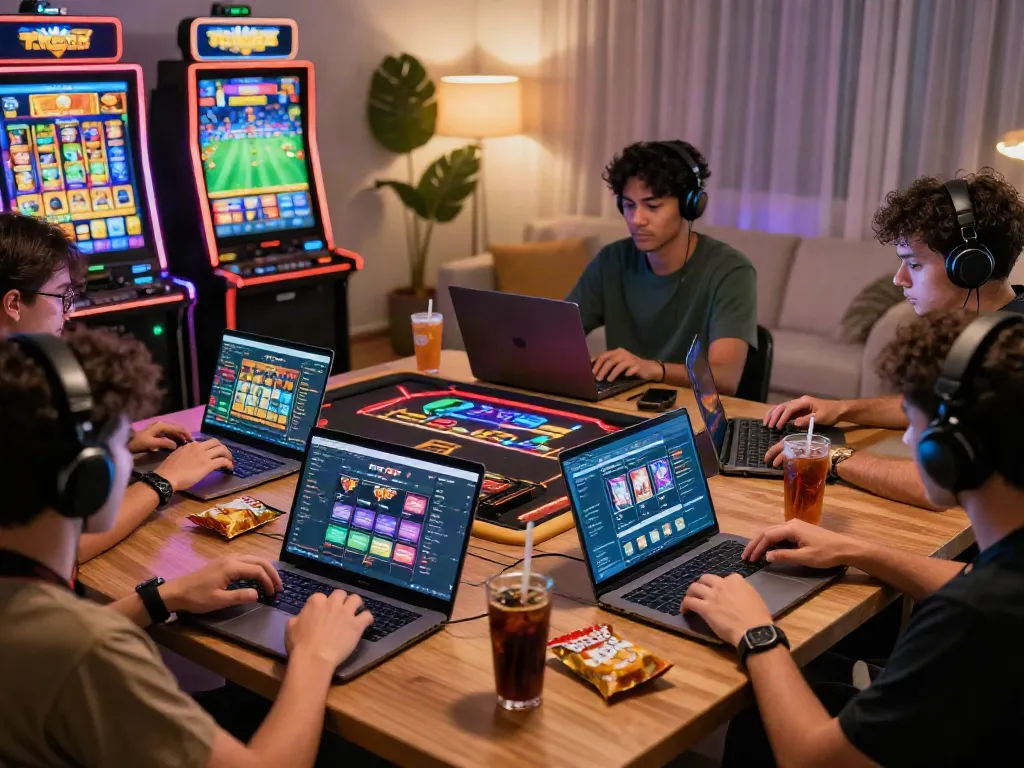 Engaged players interacting with TX88 online gaming platform, showcasing vibrant gaming elements and home environment.