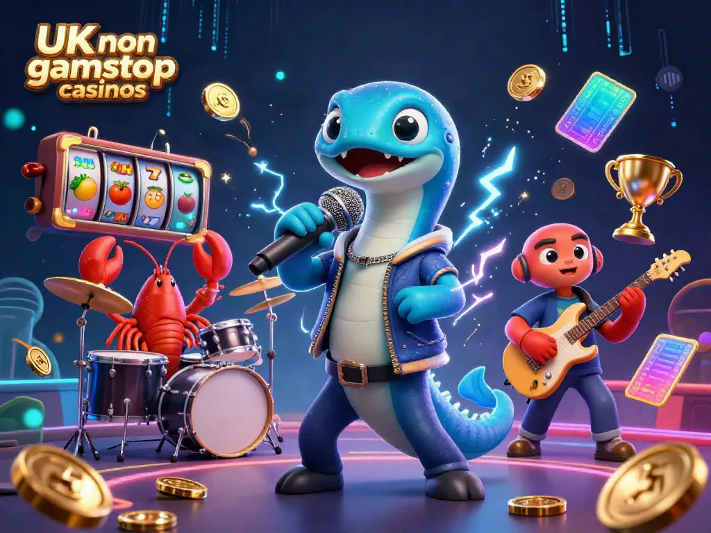 Enjoy UK non gamstop casinos with thrilling slot adventures featuring a DJ eel, lobster drummer, and vibrant casino elements.