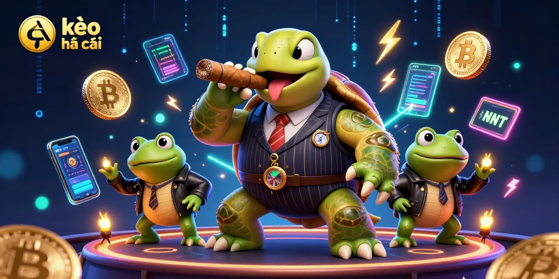 Experience kèo nhà cái with a vibrant scene featuring a mobster turtle and bullfrog enforcers in an exciting casino environment.