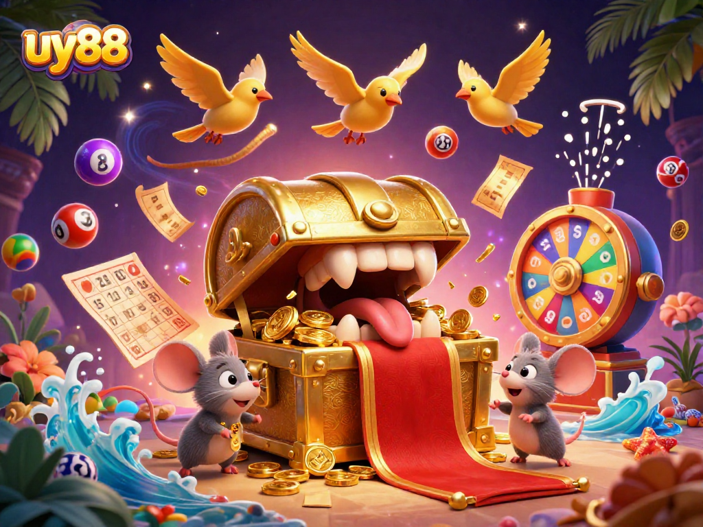 Engage with the thrilling excitement of uy88's casino experience through a vibrant 3D illustration.