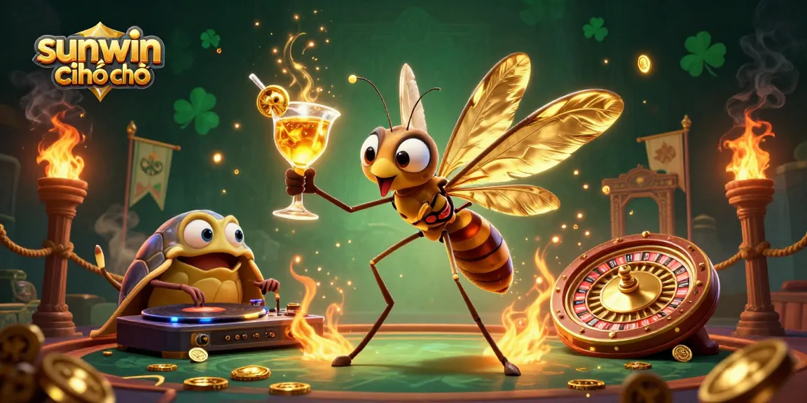 Experience sunwin chính chủ in an energetic casino-themed illustration featuring dynamic characters and gold effects.