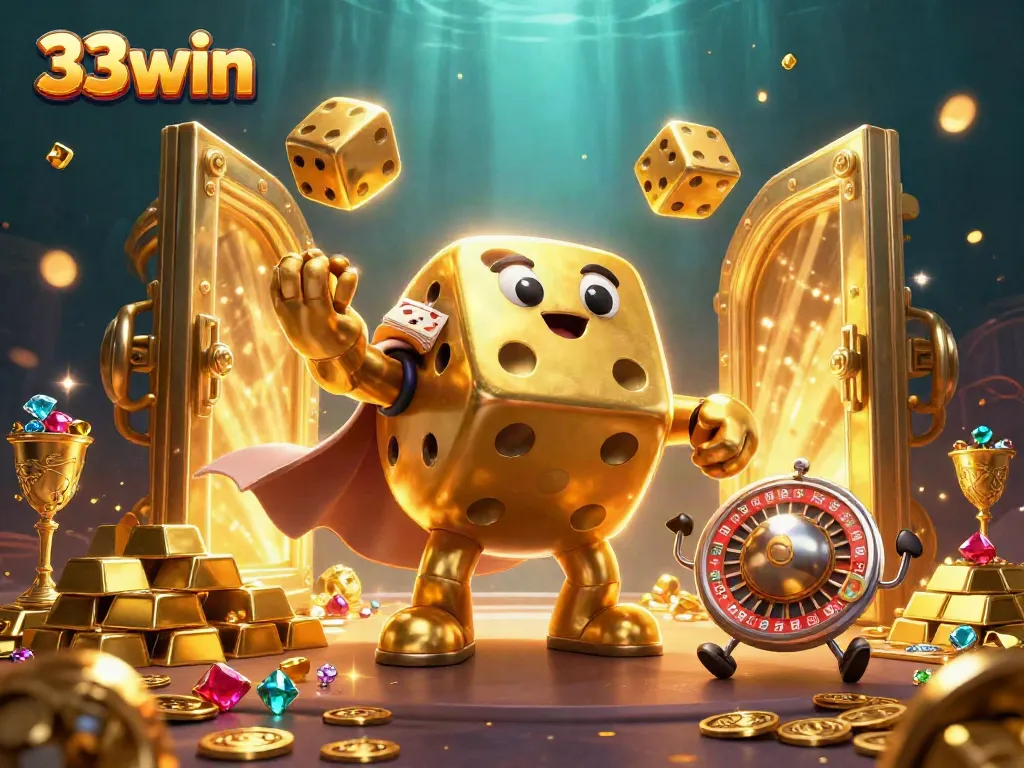 Engage with 33win’s casino excitement featuring golden dice and treasure galore!