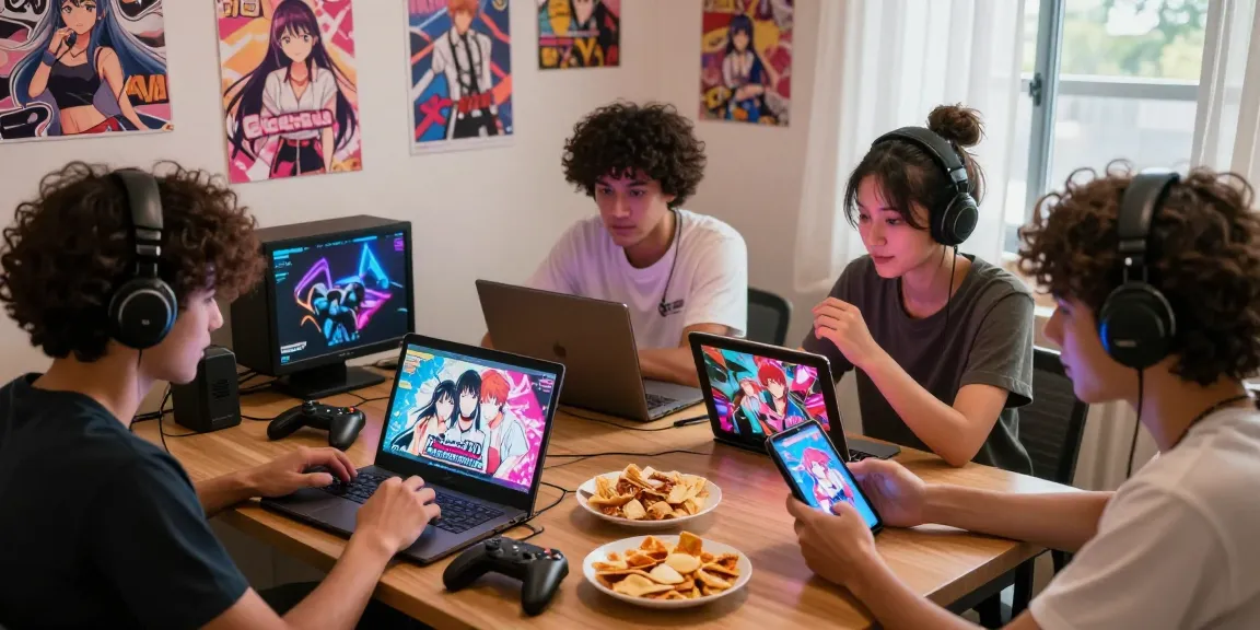 Engaged players enjoying ecchi games on multiple devices in a cozy gaming room.