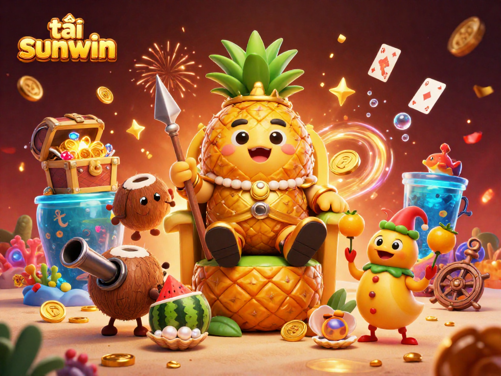 Engage with the vibrant scene of tải sunwin featuring a golden pineapple king, cannon, and lively casino elements.