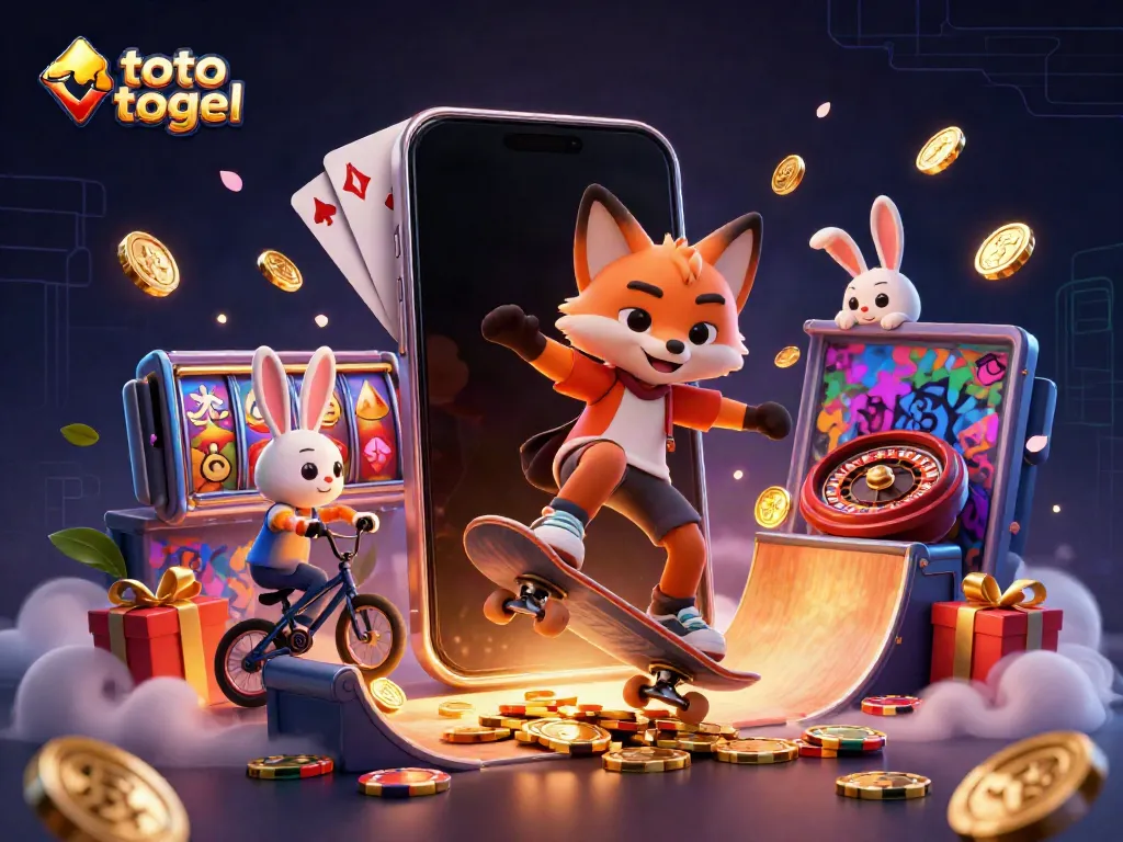 Experience the thrill of toto togel in this vibrant 3D scene with an energetic fox and bunny.