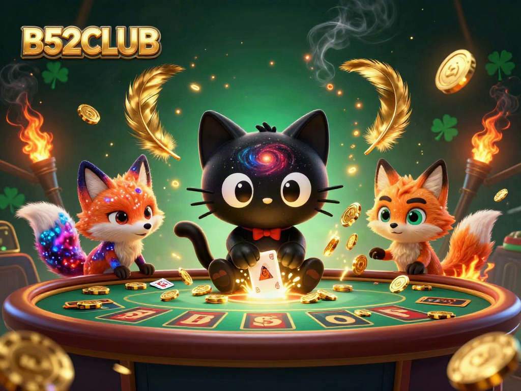 B52CLUB showcases a gaming cat and colorful fox in a vibrant cosmic casino scene.