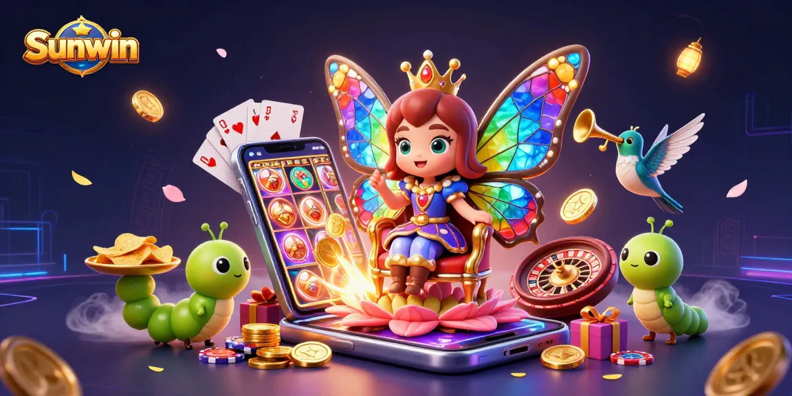 Experience Sunwin's exciting gaming world as vibrant characters surround dynamic gaming elements.