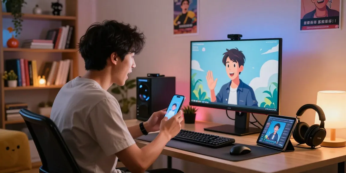 Engaging user interacting with NSFW AI chat in a modern home office environment with vibrant tech elements.