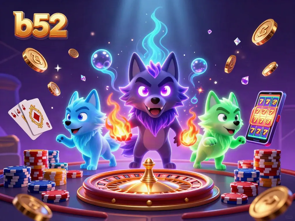 Experience thrilling gaming adventures with b52's captivating 3D casino illustration featuring spectral wolves and dynamic game elements.