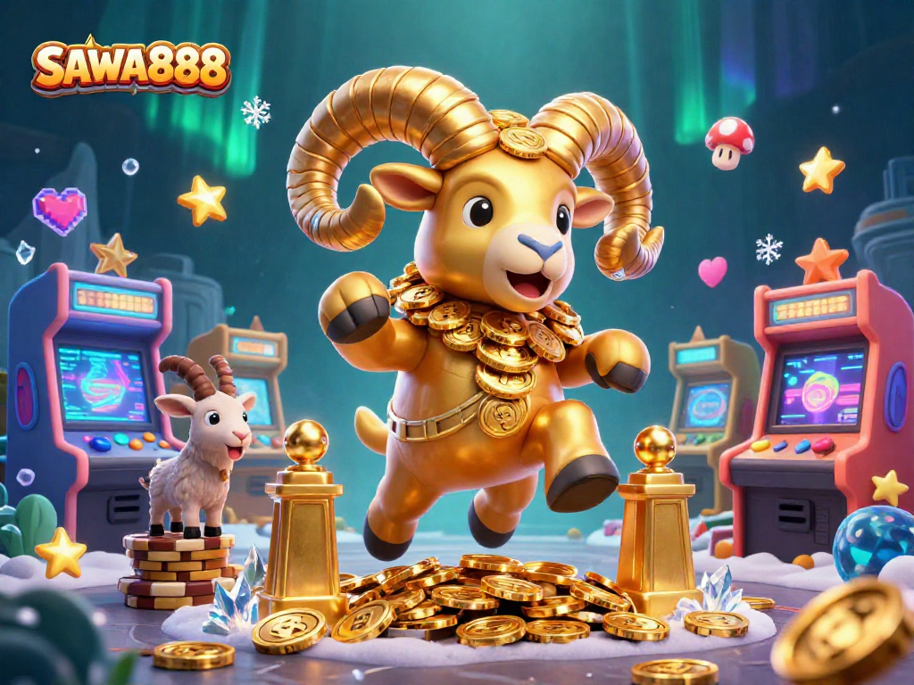 SAWA888 offers an engaging gaming experience with a 3D golden ram surrounded by vibrant casino elements.