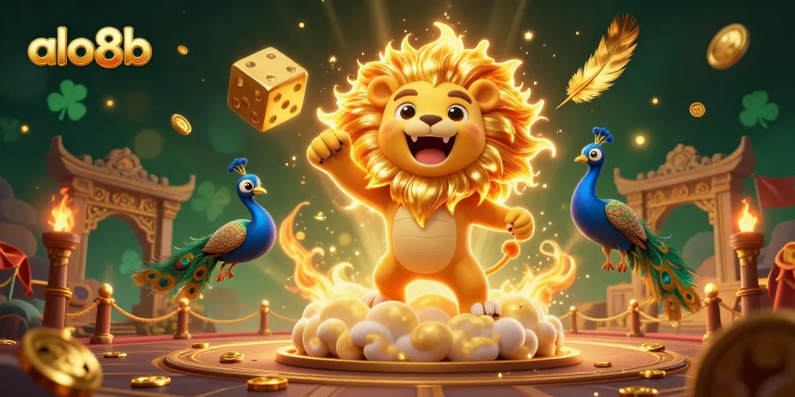 Engage with the vibrant world of ALO8B online gambling featuring a roaring sun lion and dynamic casino elements.