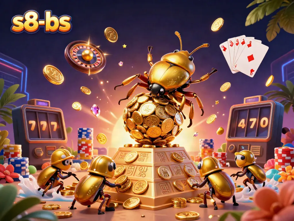 Spin and win with s8-bs in this vibrant casino scene featuring golden treasure and gameplay elements.