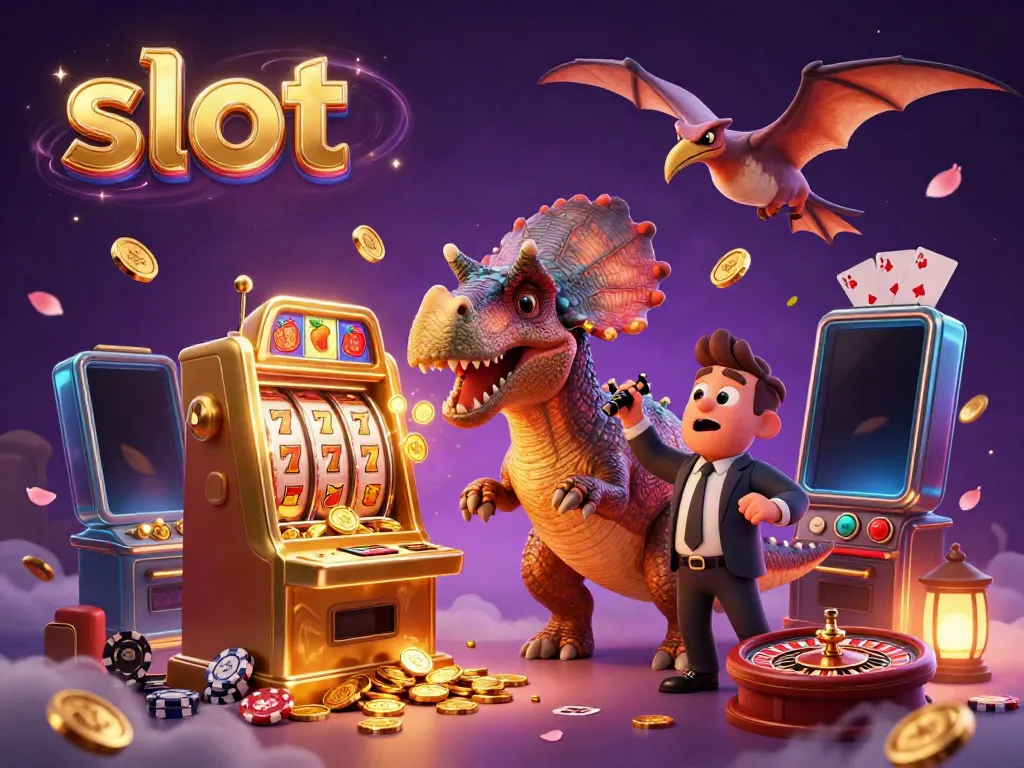 Engaging 3D illustration depicting a pachycephalosaurus activating a jackpot from a slot machine surrounded by casino elements.
