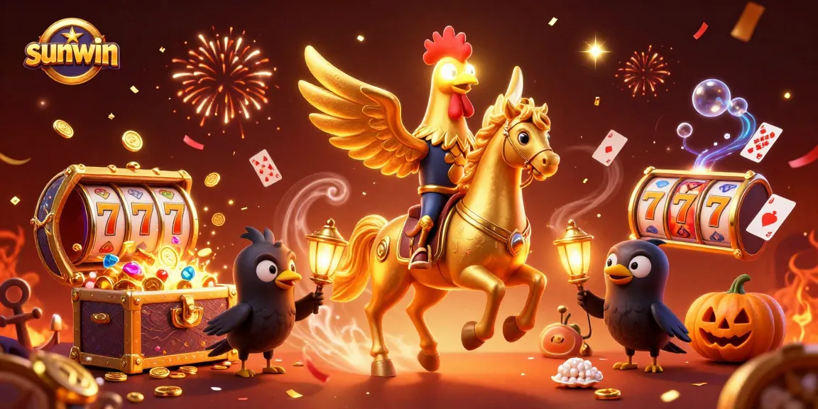 Experience thrilling gameplay at sunwin with a vibrant casino-themed illustration featuring golden rooster characters.