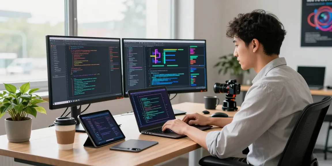 Generative AI workspace with developer coding on laptop surrounded by monitors and interactive displays.