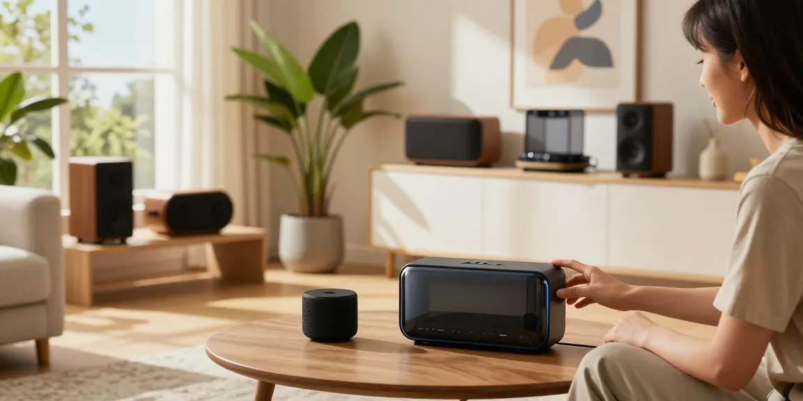 Vision Speaker showcased in a modern living room setting for optimal sound and style.