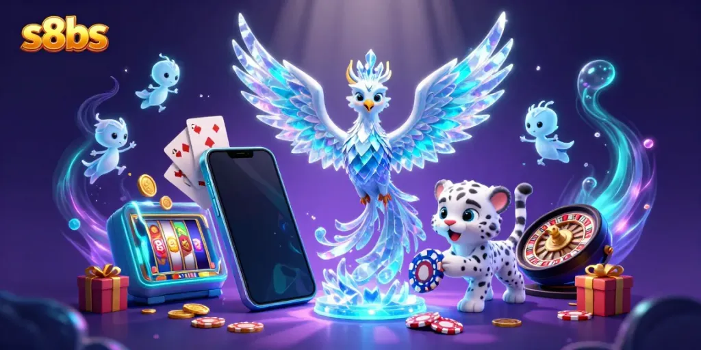 Engage with the exciting world of s8bs, featuring a magical scene with an ice phoenix and casino elements.