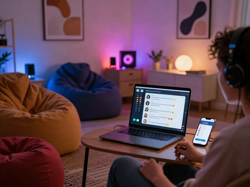 Engaging AI porn chat interaction in a modern workspace with vibrant decor.