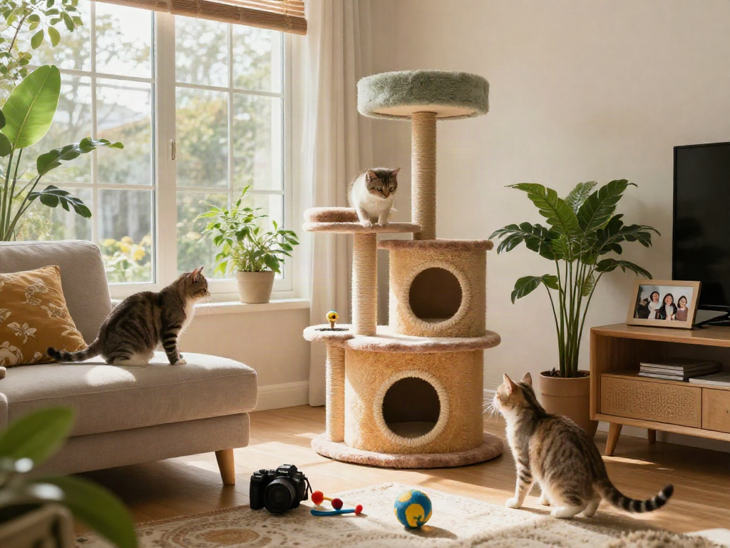 Playful cats enjoying a cat tower cat tree in a bright living room