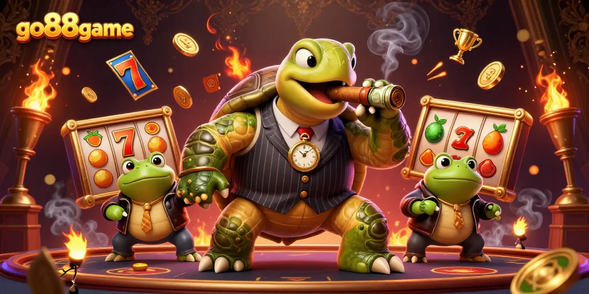 Win big at go88game with a colorful 3D illustration of unique casino characters, slot reels, and golden trophies.