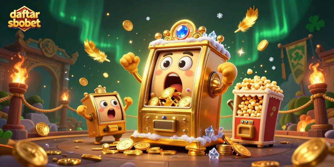 Play and win big with daftar sbobet featuring a dynamic scene of slot machines celebrating a jackpot.
