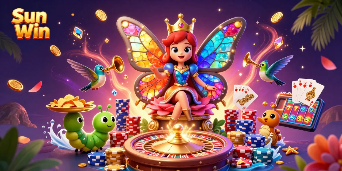 Experience the vibrant gaming world of Sun Win with a 3D butterfly queen among casino riches and excitement.